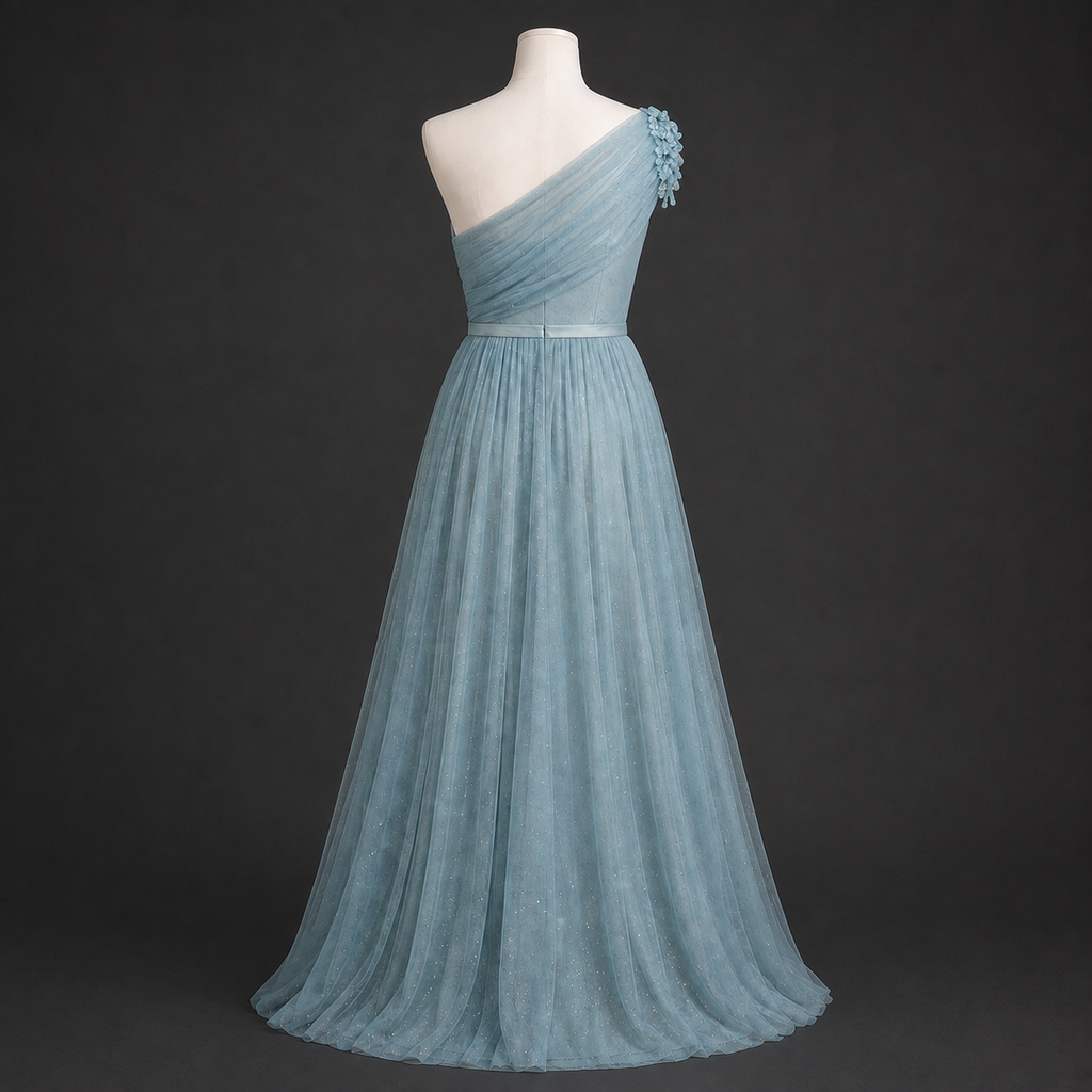 Long light blue one-shoulder dress with tulle and slit