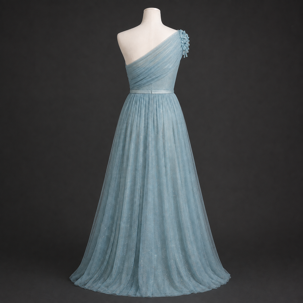 Long light blue one-shoulder dress with tulle and slit