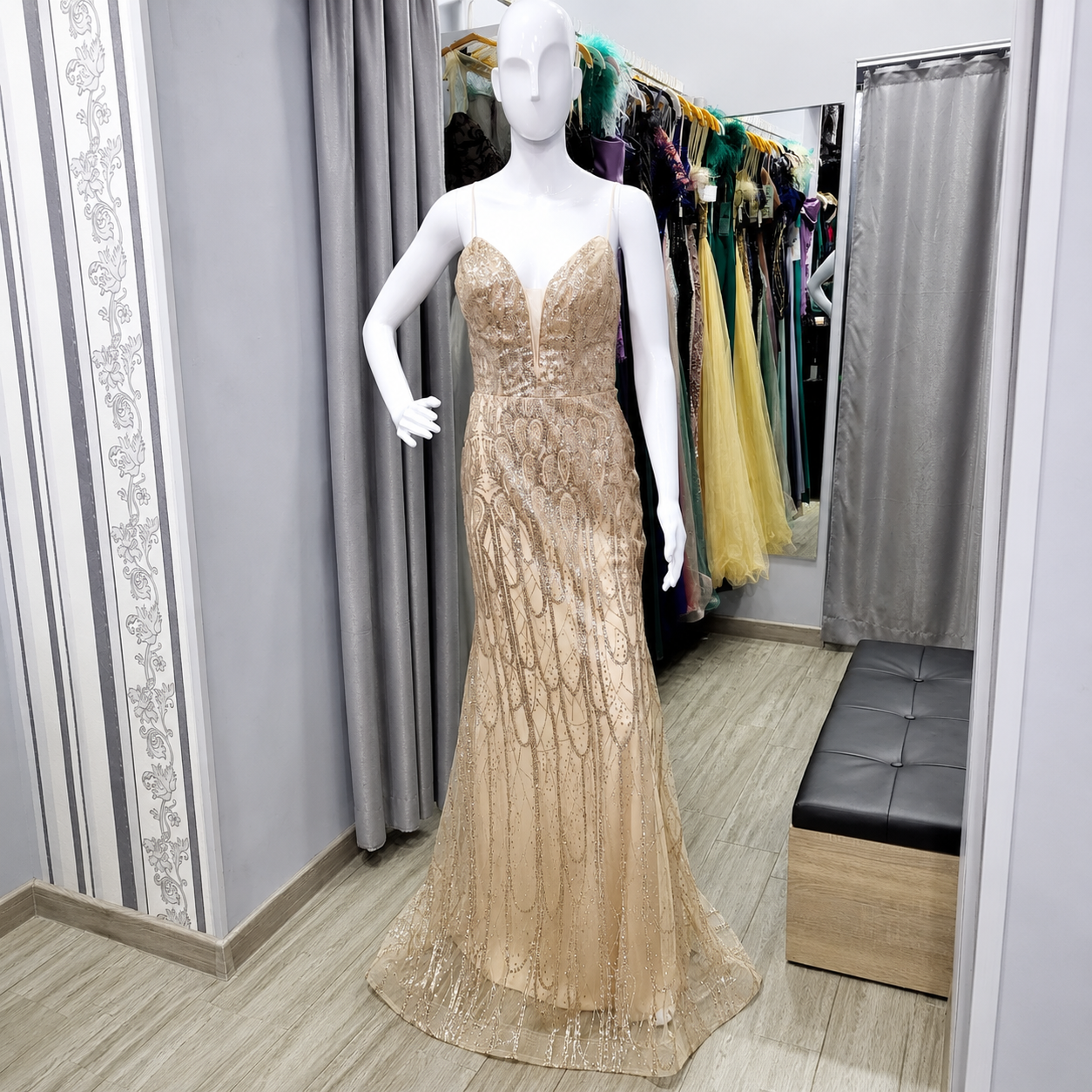 Long slim-fit beige dress with sequins and beads
