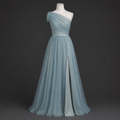 Long light blue one-shoulder dress with tulle and slit