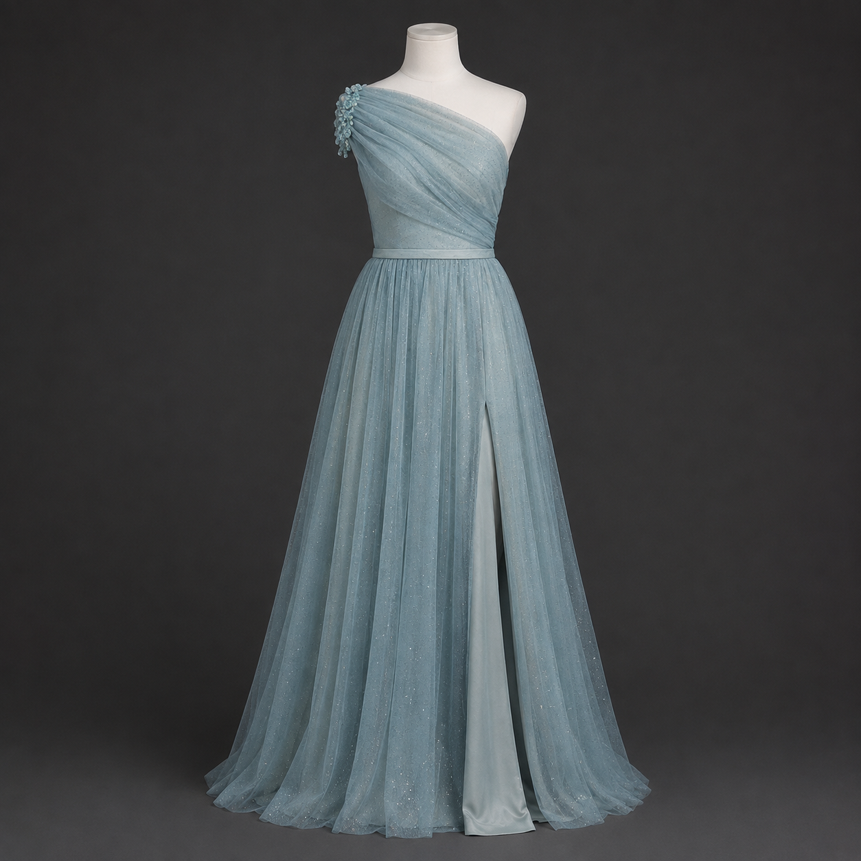 Long light blue one-shoulder dress with tulle and slit