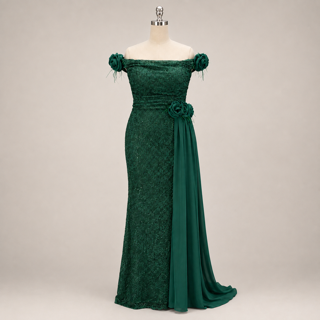 Long dark green lace dress with roses - plus sizes