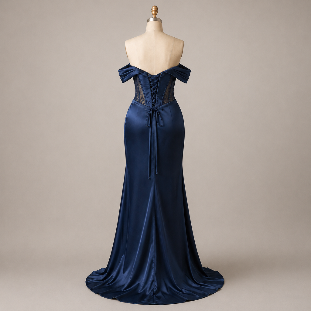 Long elegant dark blue satin dress with a corset and off-the-shoulder sleeves
