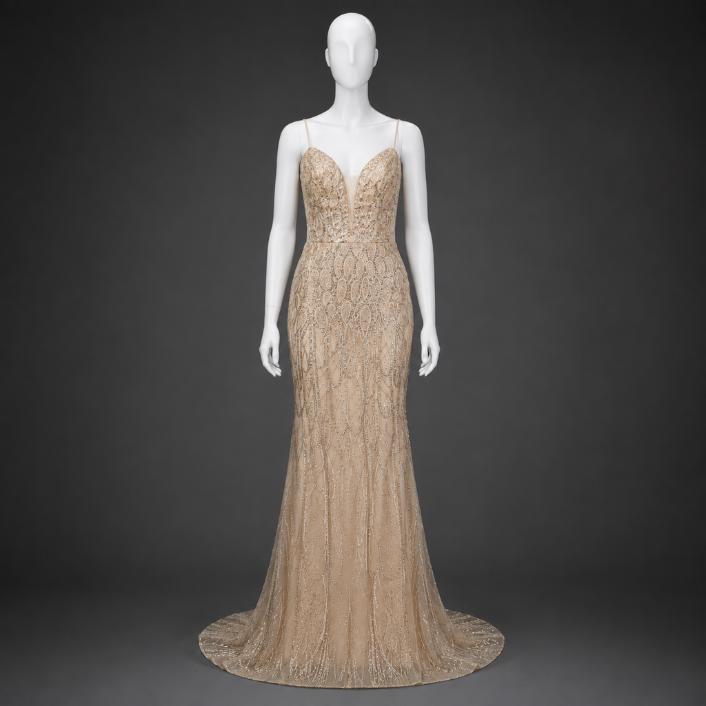 Long slim-fit beige dress with sequins and beads