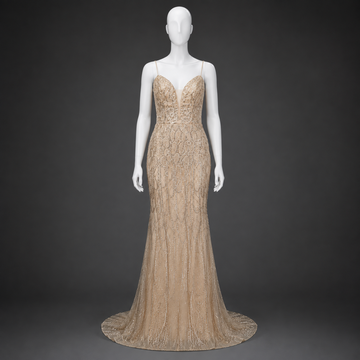 Long slim-fit beige dress with sequins and beads