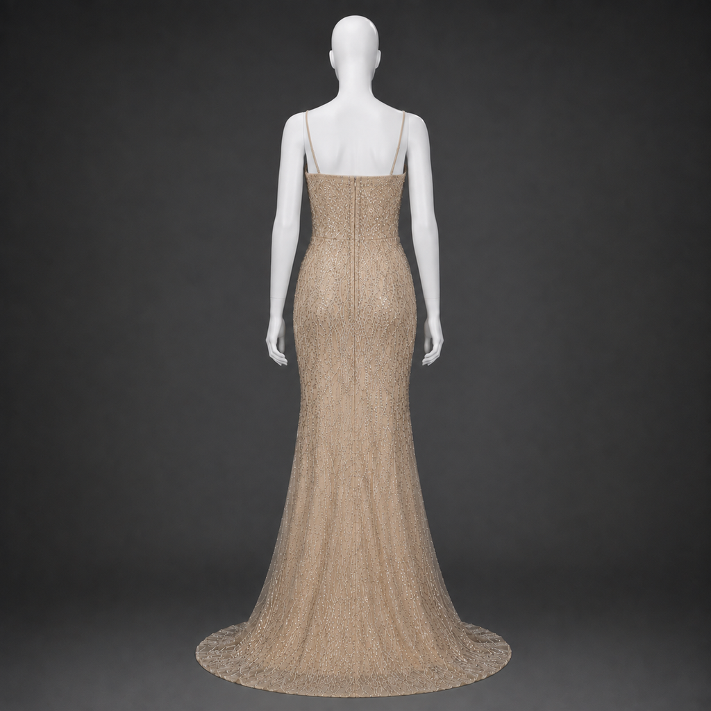 Long slim-fit beige dress with sequins and beads