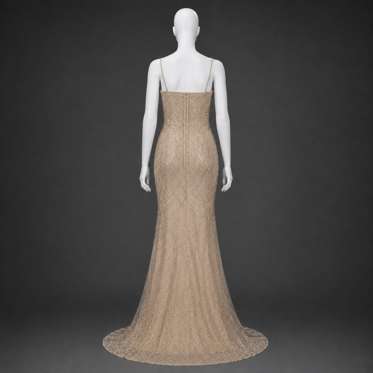Long slim-fit beige dress with sequins and beads