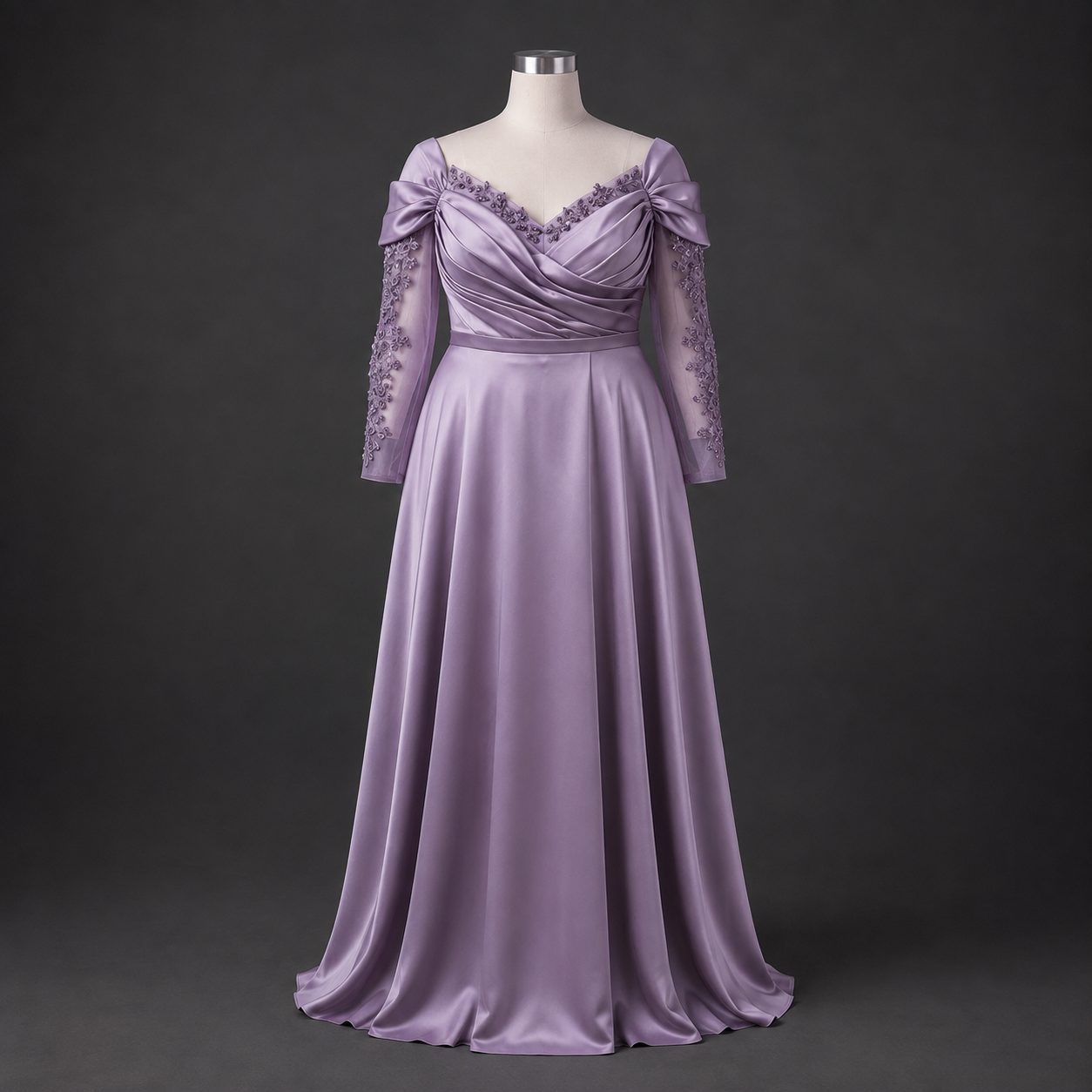 Long purple dress with off-the-shoulder and sheer sleeves in plus size