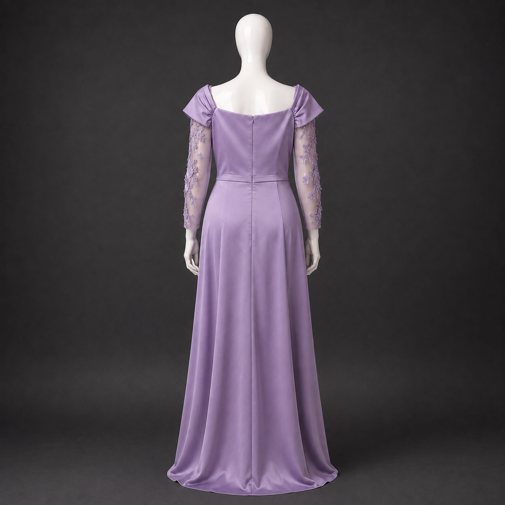 Long purple dress with off-the-shoulder and sheer sleeves in plus size