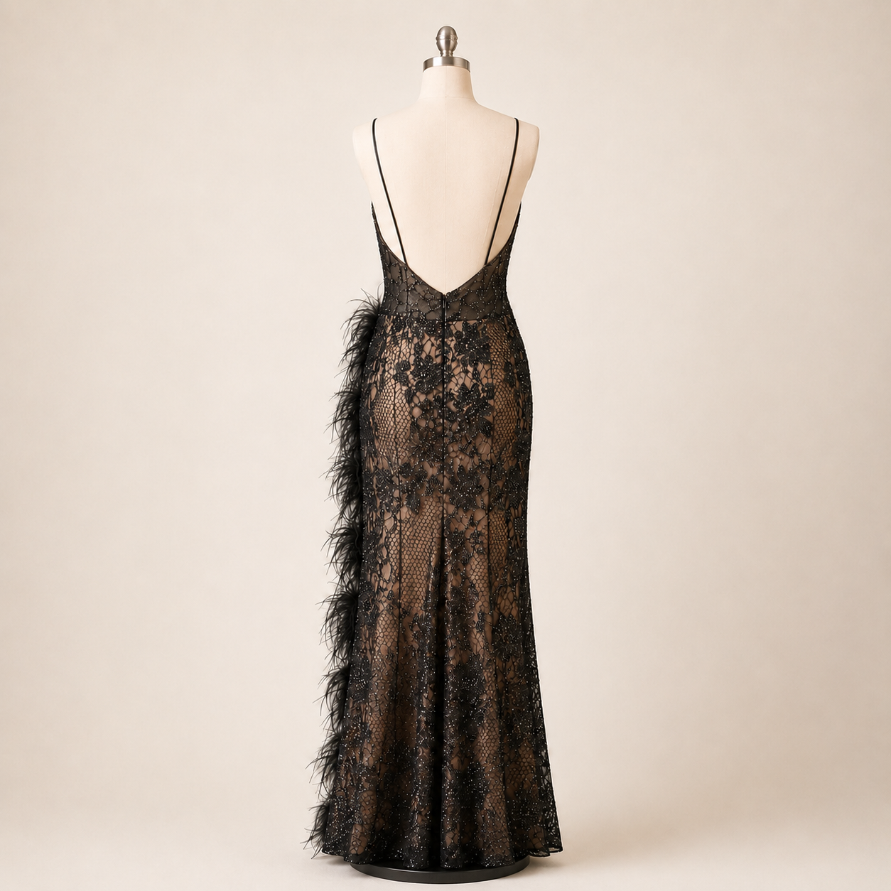 Long elegant lace dress with feathers