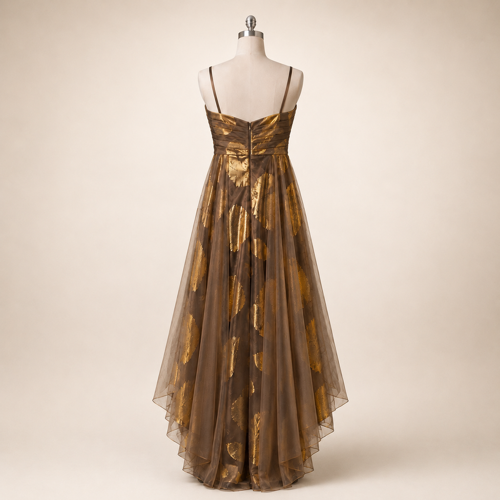 Elegant cappuccino-colored dress with golden leaves