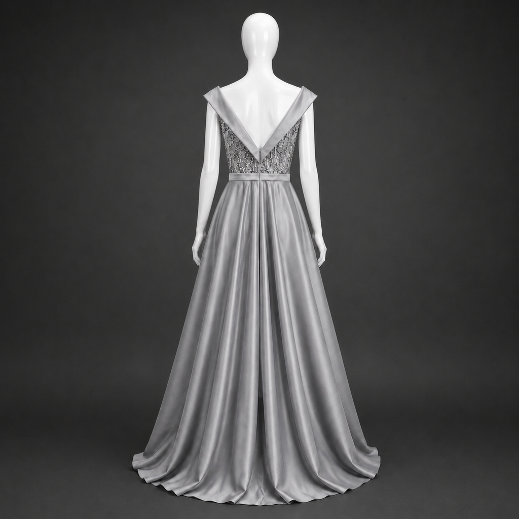 Long light gray satin taffeta dress with off-the-shoulder design