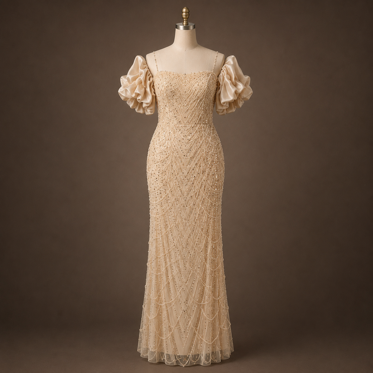 Long elegant beige dress with pearls and puff sleeves
